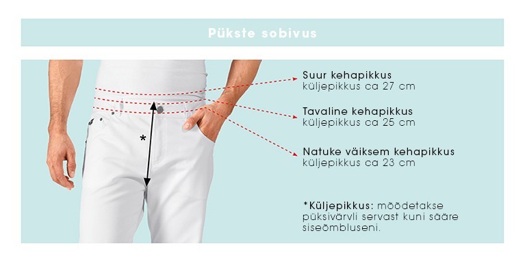 Pükste sobivus: suur kehapikkus – küljepikkus ca 27 cm; tavaline kehapikkus – ca 25 cm; natuke väiksem kehapikkus – ca 23 cm. Küljepikkus mõõdetakse püksivärvli servast kuni sääre siseõmbluseni.